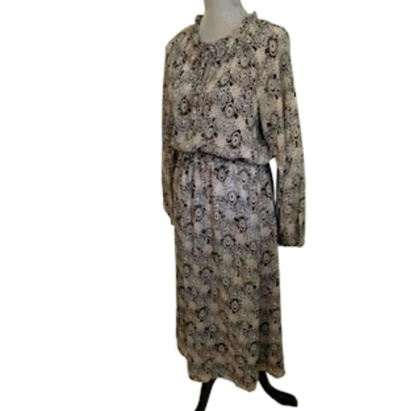 Veronica M Catia Peacock Chiffon Smocked Midi Dress in Feather Print Size L - Picture 2 of 8